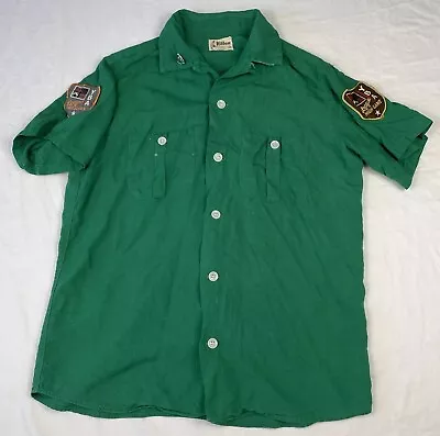 VINTAGE 60s Youth Green BOWLING SHIRT RETRO Sz M 15-15.5 By Hilton Patches Pin • $19.25