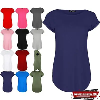 Womens Ladies Curved Hem Jersey Plain Top Turn Up Cap Sleeve T Shirt Plus Size  • £3.99