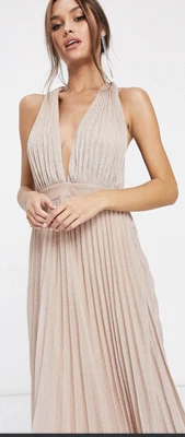 £38 • Buy Goddiva Backless Pleated Maxi Champagne Gold Sparkly Cocktail Party Dress Size 8