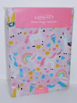 Unicorn Party Tablecloth Cover Oblong 52x70 Vinyl Pink Rainbows Hearts Magic • $12