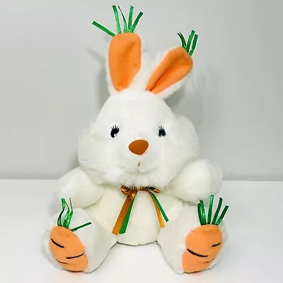 MAIN JOY Plush Bunny Rabbit White W/ Carrot Ears & Feet Ribbon Bow 11” Stuffed • $10.62