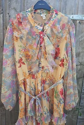 NWOT River Island Pink Lemon Orange Blue Floral Frill Dress Tiered Pleat 14 £42 • £28.99