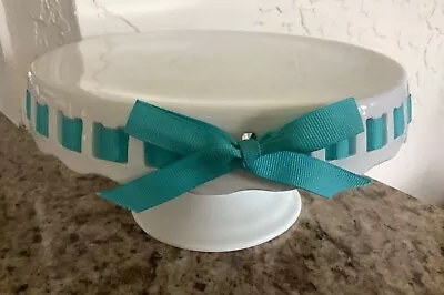 Grace's Teaware White 4” Tall Pedestal W/8” Cake Plate Stand. Dressy Aqua Ribbon • $19.95