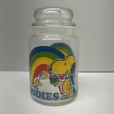 1965 Peanuts Snoopy & Woodstock Rainbow GOODIES 7  Canister Glass Candy Jar • $16.94