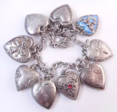 Antique & Vtg Sterling Silver PUFFY HEART Charm Bracelet Enamel Vict & 1940s • $125.95