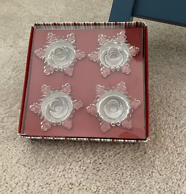 Williams Sonoma Snowflake Mini Taper Candle Holders Clear NIB Set Of 4 HOLIDAY • $14.99