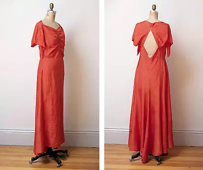 Vintage 20s 30s Coral Red Sweetheart Open Back Gown Bias Cut Dress 1920s 40s S M • $250