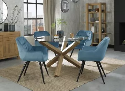 Turin Glass 4 Seater Table - Light Oak Legs & 4 Dali Petrol Blue Velvet Chairs • £833