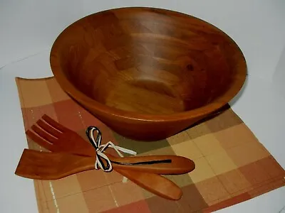 Salad Serving Bowl  Burl Walnut Wood Large Spoon & Fork  Bilings Missouri New  • $38