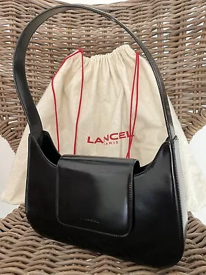 LANCEL Paris Black High Gloss Patent Leather Structured Shoulder Handbag • £70