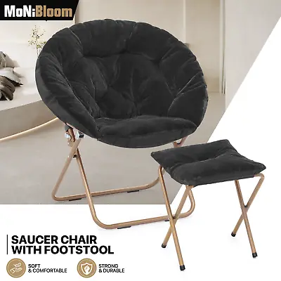 Black Saucer Faux Fur Folding Lounge Chair Oversized Moon Chair W/Footrest Stool • $72.99