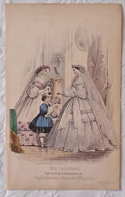 1861 Wedding Dress The Fashions Englishwoman's Domestic Mag Fashion Book Plate • £19