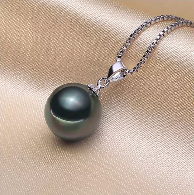 925 Silver Tahitian Black SHELL Pearl 8/10/12/14/16mm Pendant 18  Necklace PE33 • $10.95