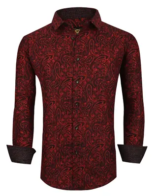 Mens PREMIERE PAISLEY RED BLACK Long Sleeve BUTTON UP Dress Shirt FANCY CUFF 752 • $44.98