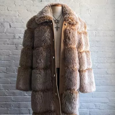 Vintage Fluffy Vegan Fur Coat Genuine Suede Orange Shag Groovy Retro Jacket • $389