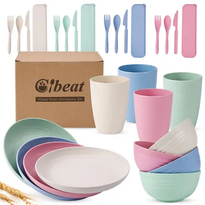 $20.61 • Buy Wheat Straw Dinnerware Set For 4, Cups, Plates, Bowls, Cutlery 28 Piece Set