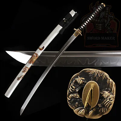 Tiger Tsuba&Saya T10 Steel Clay Tempered Japanese Samurai Sword Real Hamon • $109.99