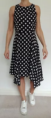 Wallis Fit Flare Dress Asymmetric White Polka Dot Black Size 14 • £12