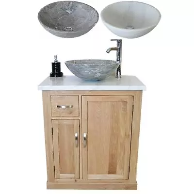 Bathroom Vanity Unit Oak Cabinet Wash Stand White & Grey Marble Stone Basin 503 • £567.76