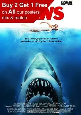 Jaws 1975 Movie Poster A5 A4 A3 A2 A1 • £15.99