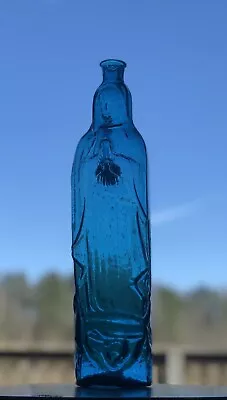 Vintage / Antique 1932 Virgin Of Guadalupe Holy Water Glass Bottle. Aqua Blue • $90