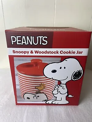 Peanuts Snoopy & Woodstock Cookie Jar Red And White Striped Durastone New In Box • $24.50