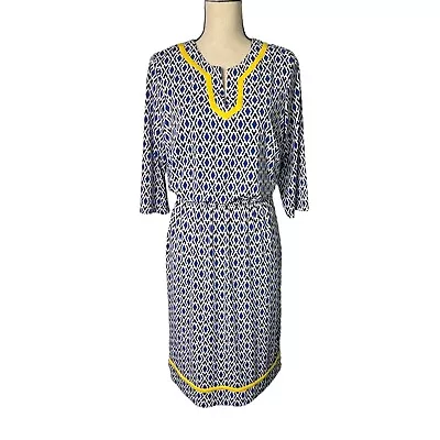 Peter Nygars Dress Womens Medium Blue V Neck Geometric 3/4 Sleeve Elastic Waist • £28.94