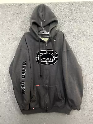 Vintage Ecko UNLTD Hoodie Mens 2XL Gray Spell Out Logo Full Zip Y2K Embroidered • $28.88