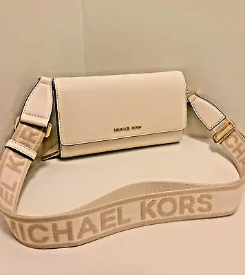 Michael Kors Jet Set Large Leather Zip Around Crossbody Bag Purse In Light Cream • $120