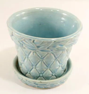 Vintage McCoy Aqua Blue Flower Planter Pot Quilted W/ Leaves V. NICE 3 3 /8  T • $27