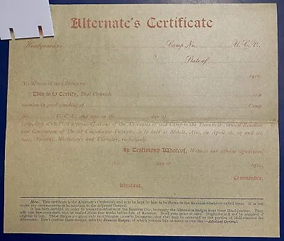 1910 UCV United Confederate Veterans Reunion Unused Alternate's Certificate • $34.99