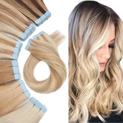10-80PCS Tape In Skin Weft Remy Human Hair Extensions Full Head Ombre Balayage • $21.08