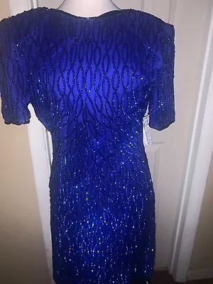 VTG LAURENCE KAZAR NY-WOMENS BEADED SEQUIN SILK - LINED DRESS SZ Petite Medium • $18