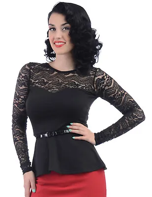 Steady Clothing Black Rose Sheer Lace Long Sleeve Peplum Top With Belt • $35.95