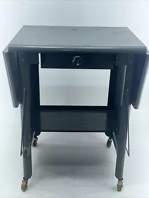 Vintage Metal Typewriter Table Stand Drop Leaf Rolling Industrial Gray • $75