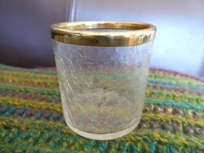 Vintage Crackle Glass Tea Light Candle Holder Jar Brass Rimmed Trinket Vanity • £8.85