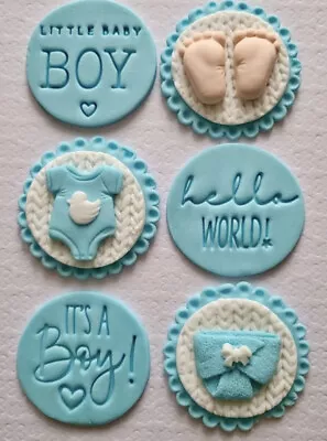 6 Blue & White Baby Plaques Edible Fondant Cupcake Toppers Baby Shower • £6.95