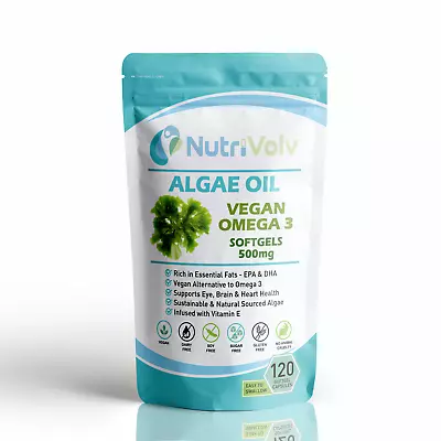Vegan Omega 3 Algae Oil 500mg - 120 Softgels - EPA DHA Essential Fatty Acid • £14.99