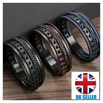 Fashion Men's Multilayer Leather Rope Braided Bracelet Titanium Steel Buckle • £7.99