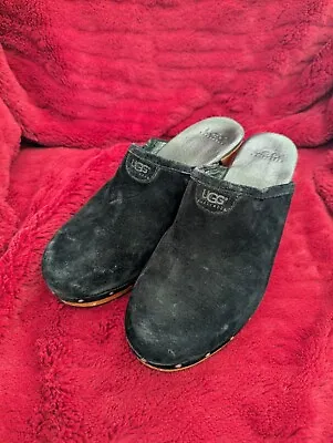 UGG Abbie Suede Black Leather & Sheepskin Studded Wooden Clogs US Womens Size 10 • $45