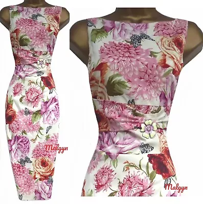 Karen Millen ✩ Vintage Pink Ivory Floral Butterfly Pencil Wiggle Dress ✩ Uk 12 • £79.99