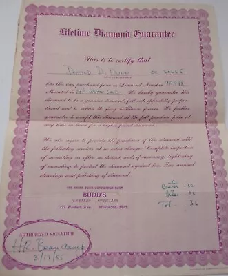 Vtg Budd’s Jewelers Muskegon MI Lifetime Diamond Guarantee Certificate 1955 • $1.99