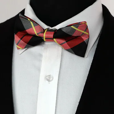 Red Plaid Tartan Black Check Pre Tied Black Collar Tuxedo Dickie Bow Tie UK 410 • £5.49