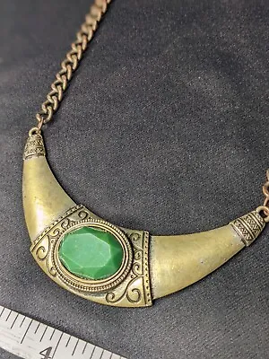 Vintage Ethnic Style Boho Necklace Green Lucite Rhinestone • $5.99