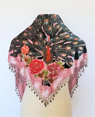 Kirks Folly Scarf Wrap Shawl NEW Peacock & Roses Beads & Sequins Triangular • $63