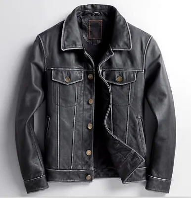 Men's Biker Cafe Racer Vintage Trucker Black Real Genuine Leather Jacket • $89.99