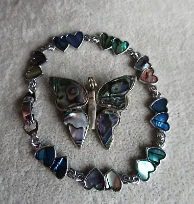 Vintage Alpaca Silver Mexico Abalone Inlay Butterfly Brooch Pin And 7  Bracelet • $2.99