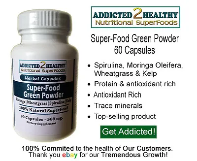 $10.29 • Buy 60 SuperFood Green Powder Capsules - Moringa + Spirulina + Wheatgrass + Kelp
