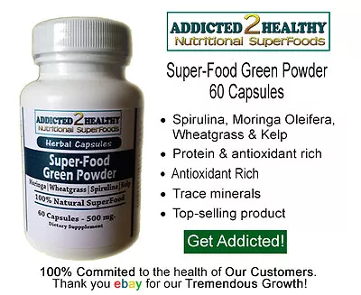 $10.29 • Buy 60 SuperFood Green Powder Capsules - Moringa + Spirulina + Wheatgrass + Kelp