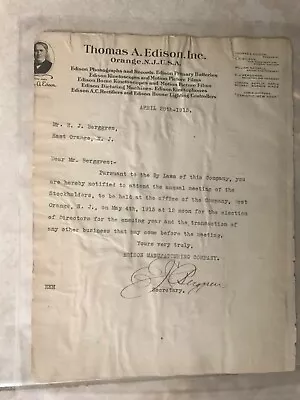 Thomas Edison Initialed Signed Autograph Letter Re:stockholder Meeting 4/28/1915 • $699